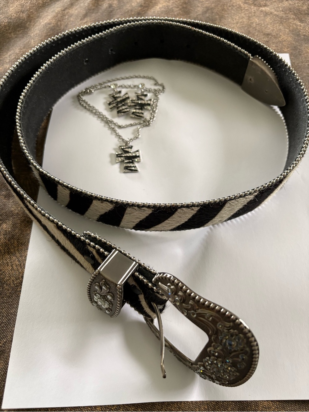 Zebra Print Western Buckle Belt - and earrings, necklace. Black & White